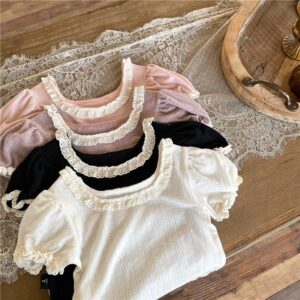 Kids Girls Basic Lace Puff Sleeve Solid Color Soft T-Shirt