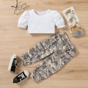 Kids Girls Casual Round Neck Puff Sleeve Top And Camouflage Elastic Waist Pants Set