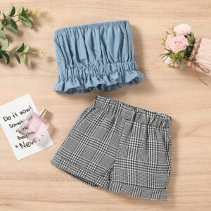 Kids Girls Solid Color Sleeveless Fold Design Tube Top And Plaid Shorts Set