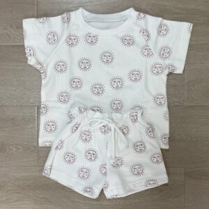 Kids Casual Round Neck Short-sleeved Sun Smile All Over Print Elastic Waist Two-piece Set