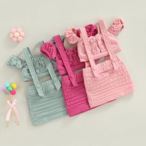 Kids Girls Personalized Solid Color Short Sleeve Cool-shoulder Top And Suspender Skirt Set