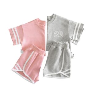 Kids Girls Casual Round Neck Short-sleeved Stripe T-Shirt And Loose Sporty Elastic Shorts Two-piece Set