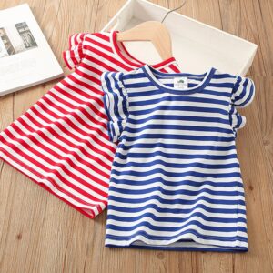 Kids Girls Basic Round Neck Cotton Short Flying Sleeve Stripe Ruffled Sleeve T-Shirt