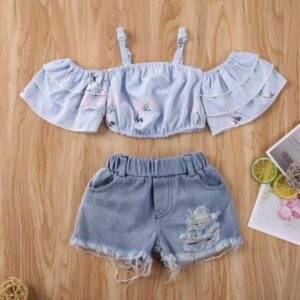 Baby Girls Sweet Flower Pattern Ruffled Cool-shoulder Elastic Top And Hole Design Denim Shorts Set