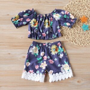 Kids Girls Pastoral Short Sleeve Flower All Over Print Top And Elastic Shorts Set