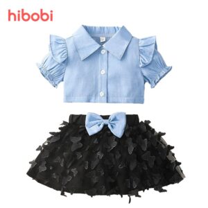 Kids Girls Cute Lapel Short Sleeve Ruffled Denim Blouse And Tutu Skirt Set