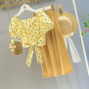 Kids Girls Sweet Bow Square Neck Puff Short Pineapple All Over Print Top And Elastic Wide Pants Set
