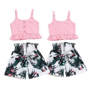 Kids Girls Basic Ruffled Vest Crop Top And Flamingo Plant Shorts Set