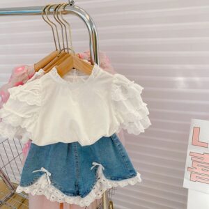 Kids Girls Casual Lace Short Sleeve Top And Denim Shorts Two Piece Set