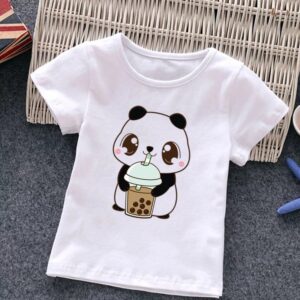 Kids Cute Cartoon Panda Graphic Milk Tea Printed Round Neck Short Sleeve Casual T-Shirt