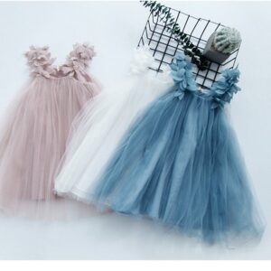 Kids Girls Sweet Solid Color Leaf-shaped Design Mesh Fuffy Slip Dress