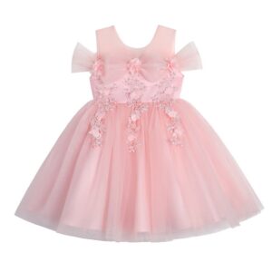 Kids Girls Sweet Solid Color Fluffy Mesh Bow Design Wedding Princess Party Dress