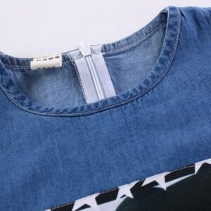 Kids Girls Casual Round Neck Cool Shoulder Portrait Pattern Denim Dress