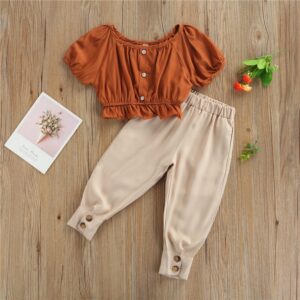 Kids Girls Casual Round Neck Short Sleeve Solid Color Ruffled T-Shirt And Pants Set