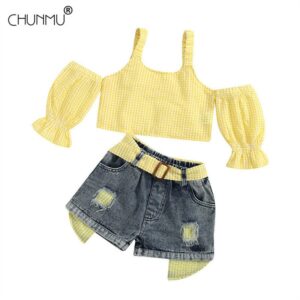 Kids Girls Casual Plaid Off-the-shoulder Puff Sleeve Blouse And Hole Design Spliced Denim Shorts Set