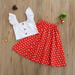 Kids Girls Casual Ruffled Solid Color Sleeveless Strap Cropped Top And Polka Dot Print Long Skirt Set