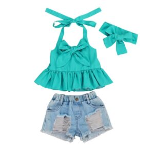 Kids Girls Cute Solid Color Bowknot Ruffled Sleeveless Vest Top And Denim Ripped Shorts With Headband Set