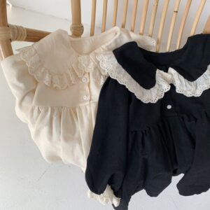 Kids Girls Basic Big Lapel Lace Spliced Long Sleeve Loose Dress