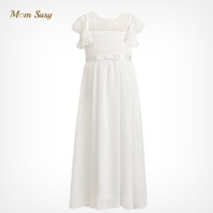 Kids Girls Elegant Solid Color Ruffled Hollow Out Bow Lace Gauze Birthday Party Wedding Dress