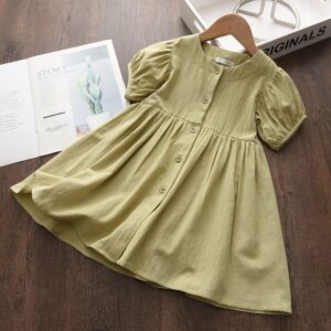 Kids Girls Simple Solid Color Puff Sleeve Single-breasted Basic Dress