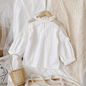Kids Girls Sweet Solid Color Sheer Lace Design Long Sleeve Ruffled Loose Blouse