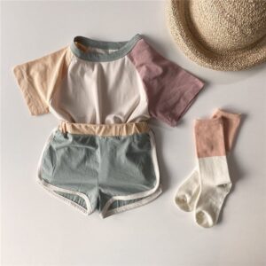 Kids Casual Round Neck Short Sleeve Color Blocking Loose T-Shirt And Elastic Shorts Set