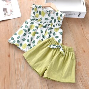 Kids Girls Basic Round Neck Sleeveless Leaf Pattern Stringy Selvedge T-Shirt And Elastic Shorts Set