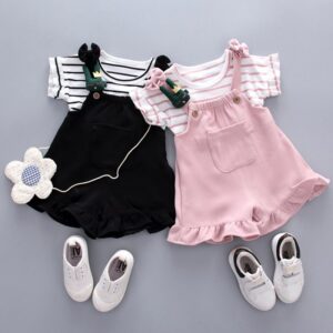 Kids Girls Basic Round Neck Short Sleeve Striped T-Shirt And Ruffled Straps Shorts Set