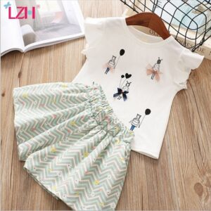 Kids Girls Round Neck Ruffled Sleeve Cartoon Pattern T-Shirt And Elastic Shorts Set