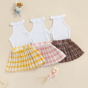 Kids Girls Basic Solid Color Ribbed Sleeveless Tank Tops And Plaid Printed Pleated Skirt Set