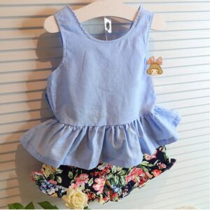 Kids Girls Basic Solid Color Ruffled Top And Flower Pattern Shorts Set