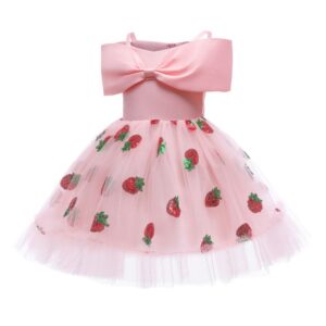 Girls Elegant Sweet Sequin Strawberry Pattern Big Bow Decor Fluffy Slip Dress