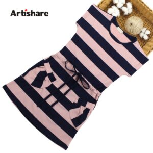 Girls Basic Striped Round Neck Short Sleeve Dress