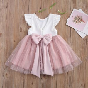 Girls Cute Round Neck Pearl Deocr Mesh Pluffy Princess Dress