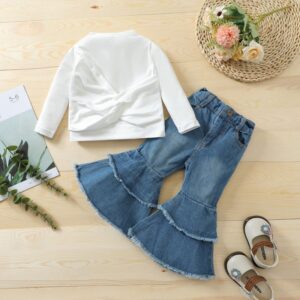 Girls Basic Long Sleeve Solid Color Fake Two-piece Suspender Top And Denim Flared Pants Set