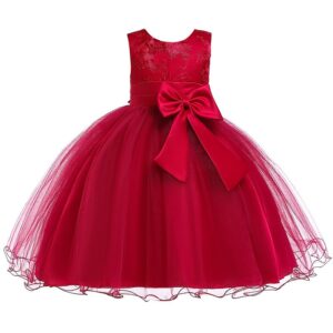 Girls Simple Solid Color Flower Embroidery Mesh Princess Party Dress