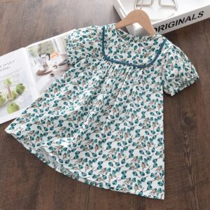 Girls Pastoral Floral All Over Print Round Neck Short-sleeved Dress