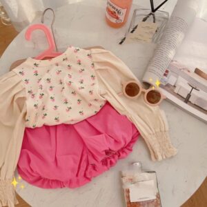 Girls Sweet Puff Sleeve Round Neck Floral Blouse And Bloomers Set