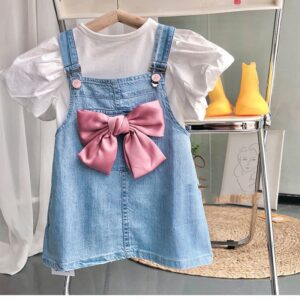 Girls Sweet Puff Sleeve Round Neck Top And Big Bow Suspender Skirt Two-piece Set