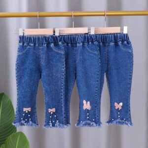 Girls Cute Cartoon Rabbit Bow Butterfly Crown Denim Flared Pants