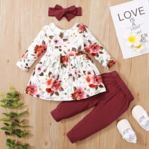 Girls Sweet Round Neck Long Sleeve Flower Top And Casual Pants With Headband Set