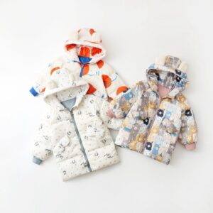 Girls Cute Cartoon Pattern Long Sleeve Rib Knit Hooded Zipper Down Jacket