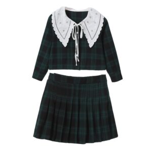 Girls Preppy Sweet Long Sleeve Peter Pan Collar Plaid Top And Pleated Skirt Set