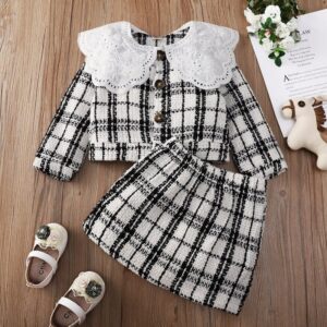Girls Casual Lace Lapel Single Breasted Coat And Plaid Skirt Set