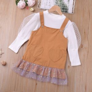 Girls Sweet Long Sleeve Mesh Spliced Top Suspender Skirt Set