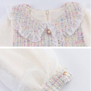 Girls Sweet Lapel Lace Design Buttons Decor Long-sleeves Dress