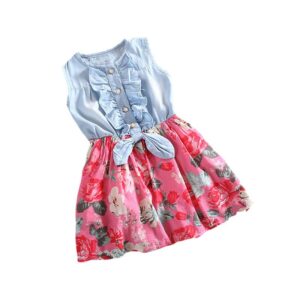 Girls Stringy Selvedge Design Flower Pattern Spliced Dress