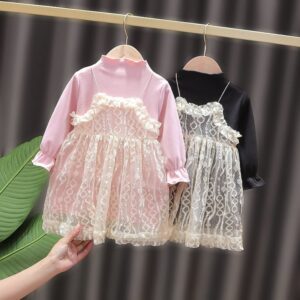 Girls Fashion Solid Color Tops And Lace Slip Dress Set