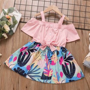 Girls Sweet Off-the-shoulder Plants Pattern Dress