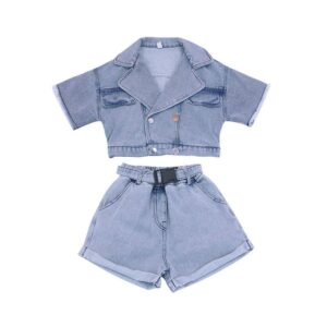 Girls Fashion Lapel Design Short-sleeves Tops And Shorts Set